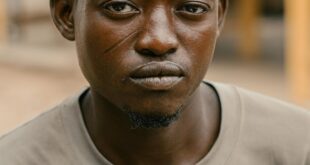 Close-up portrait of a man in Kumasi, Ghana, showcasing urban life.