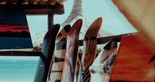 Vibrant skateboards hanging in a beach hut with ocean view in Kumasi, Ghana.