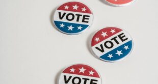 Red, white, and blue voting buttons on a minimalistic backdrop.