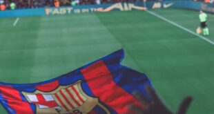 Fans waving flags during a vibrant soccer match at a stadium in Barcelona.