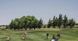 Golfers carrying bags on a lush green course under a clear blue sky.
