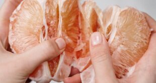 Two hands gently holding a peeled grapefruit slice. Close-up view.