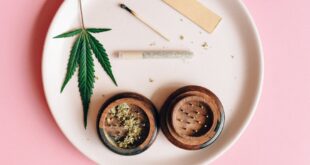 A cannabis leaf, grinder, and joint on a pink background, symbolizing relaxation.