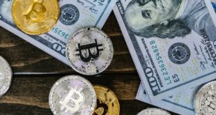 Colorful mix of bitcoins and US dollar bills, showcasing cryptocurrency and finance investment.