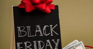 A chalkboard sign with Black Friday written on it and a small shopping cart with dollar bills, ideal for sales promotions.