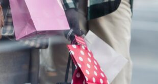 Unrecognizable female friends in outerwear standing on sidewalk near showcase with purchases in bags on street in city on blurred background