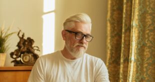 Senior man in eyeglasses checks blood pressure in a well-lit room.