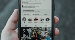 Hand holding smartphone displaying Instagram profile in vertical shot.