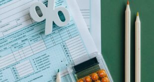 Flat lay of tax documents, calculator, and pencils on green surface.