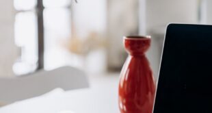 A minimalist home office setup featuring a laptop, notebook, and a red vase on a white desk.