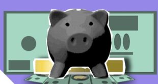 Illustration of a piggy bank with cash symbolizing savings and financial growth on a purple background.