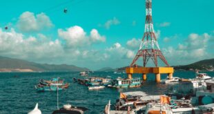 Vibrant harbor scene with boats, cable cars, and clear sky. Perfect for travel and tourism imagery.