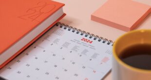 A peach-toned desk with 2024 planner, pen, coffee, and plant for organized productivity.