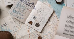 Explore wanderlust with flatlay of passport, map, and travel essentials.