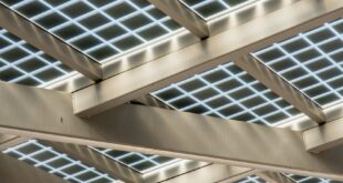 Abstract view of a modern solar panel structure with geometric patterns.