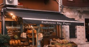 Warm-toned street-side market stall offering fresh produce on a quaint city street.