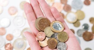 Close-up of a hand holding diverse coins, symbolizing global currency and finance.