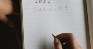 A person's hand writes 'Plan for 2021: Survive' in a notebook, highlighting a reflective moment.