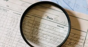 Close-up of a magnifying glass over a handwritten document on a map.