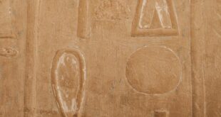 Close-up of ancient Egyptian hieroglyphs carved into a weathered stone wall.