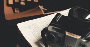 Retro scene featuring a vintage camera and typewriter on an open book.