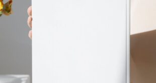 Minimalist blank book cover held in a bright room with flowers in the background.