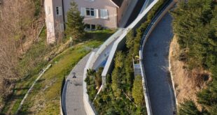 Aerial view showcasing a scenic residential area with winding paths and greenery.