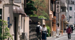 A bustling Tokyo street captures traditional Japanese architecture and daily urban life.