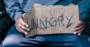 Man seated on bench holding cardboard sign with 'HUNGRY' text, highlighting urban poverty.