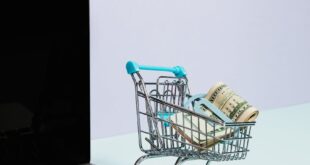 Mini shopping cart with rolled cash next to a laptop, representing online shopping.