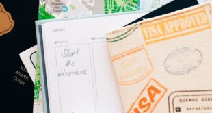 Flat lay of travel essentials including compass, notebook, and map for a journey.